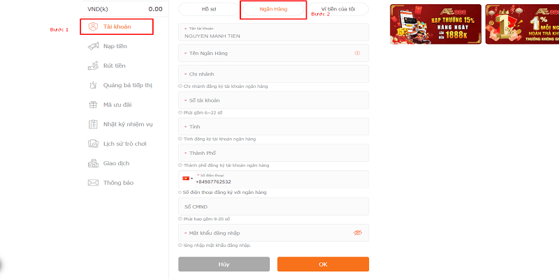 Cách liên kết ngân hàng với tài khoản AE888